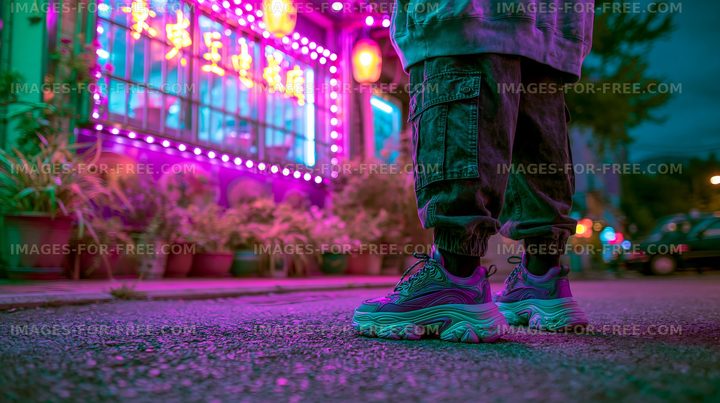Person stands near colorful lights on a street at night