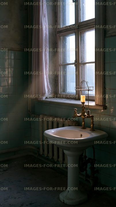 Old bathroom with a sink and sunlight coming through a window