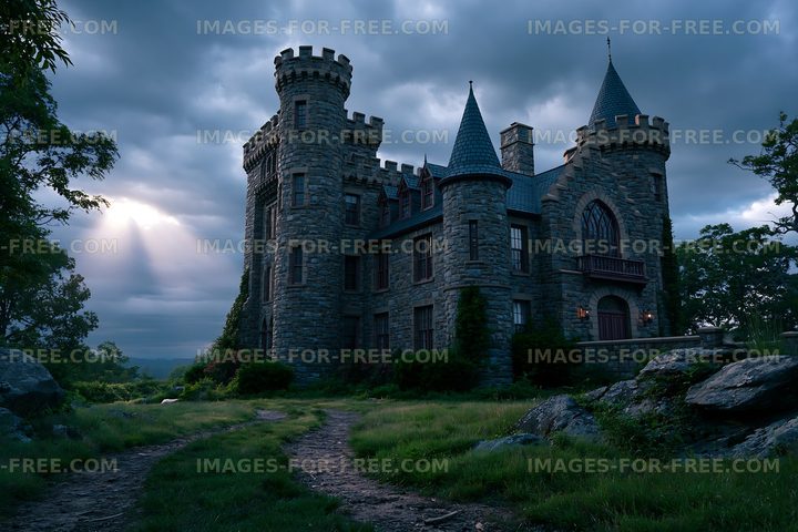 Stone castle with towers under a cloudy sky at twilight