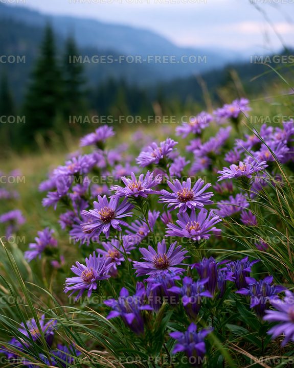 Purple flowers grow in a mountain meadow during a cloudy day