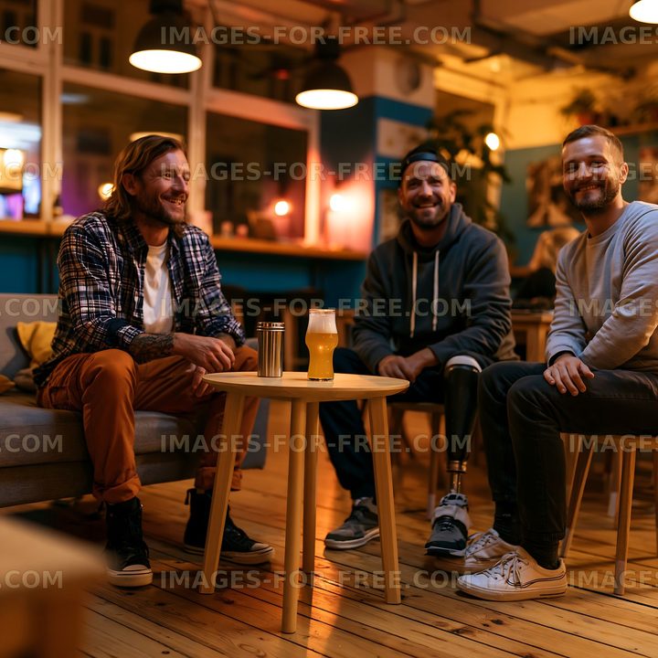 Friends enjoying drinks and conversation in a cozy café setting