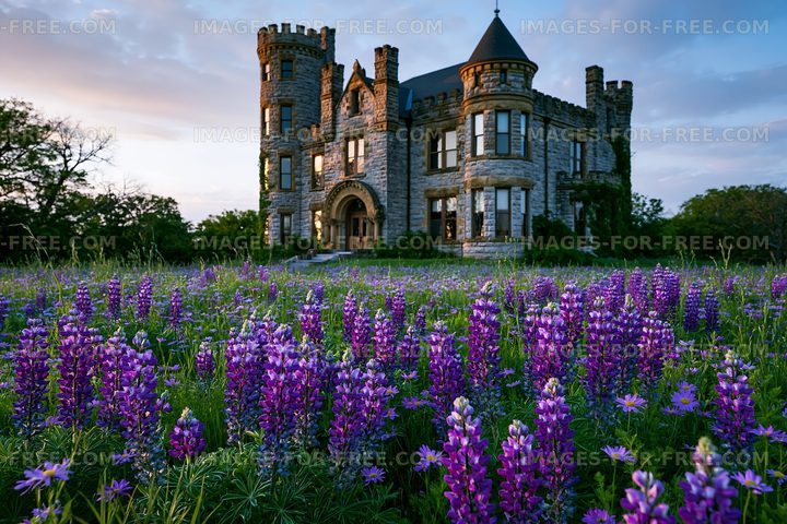 Historic stone castle surrounded by purple wildflowers at sunset