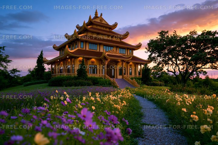 Beautiful temple with golden architecture at sunset
