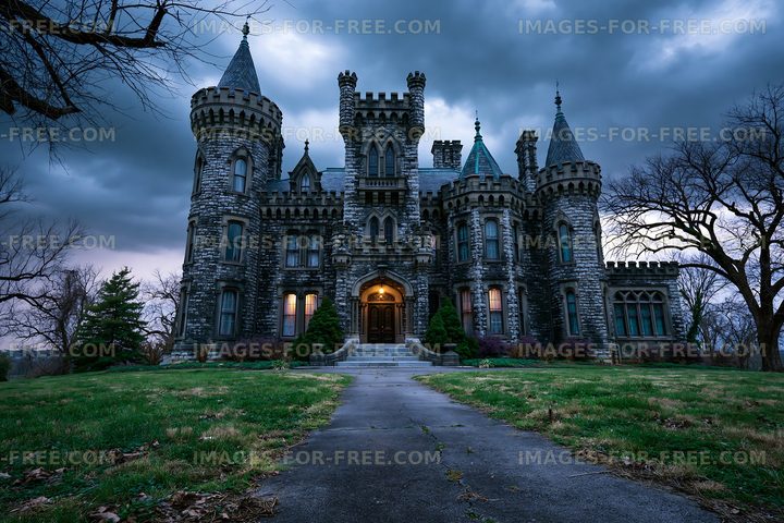 Historic castle with towers under stormy sky