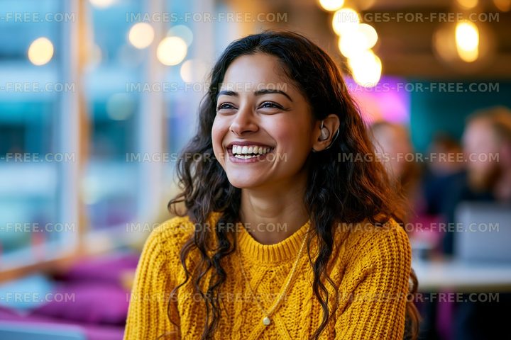 Woman smiles in a cafe with warm lights during daytime