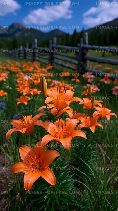 Orange lilies bloom in a field with a wooden fence in the background