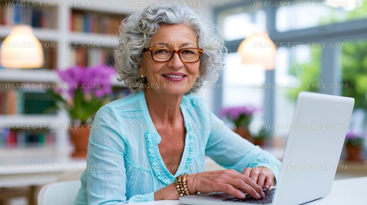 Senior woman working on laptop in cozy indoor setting