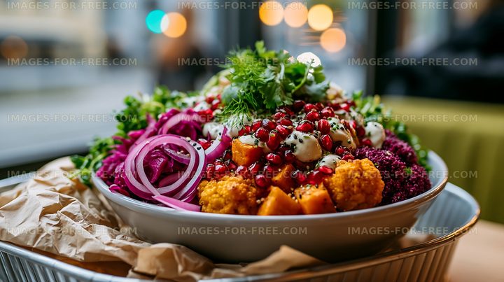 Colorful salad bowl with fresh vegetables and pomegranate seeds