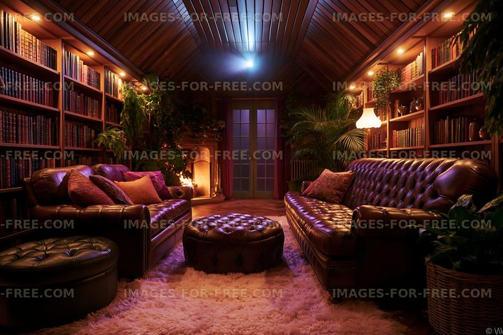 Cozy reading nook with leather sofas and bookshelves