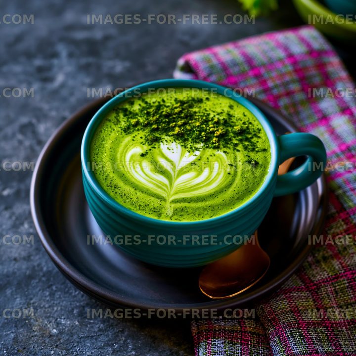 Matcha latte with leaf design on top in a blue cup