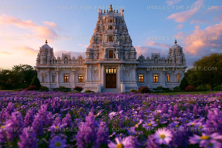 Temple surrounded by purple flowers at sunset