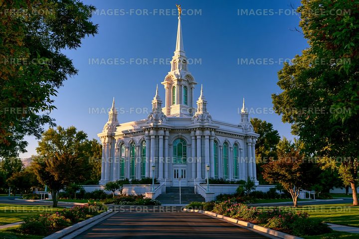 Beautiful temple surrounded by greenery in bright sunlight