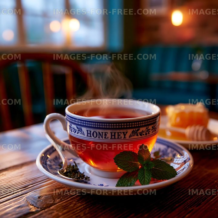 Warm tea cup with steam and mint on wooden table