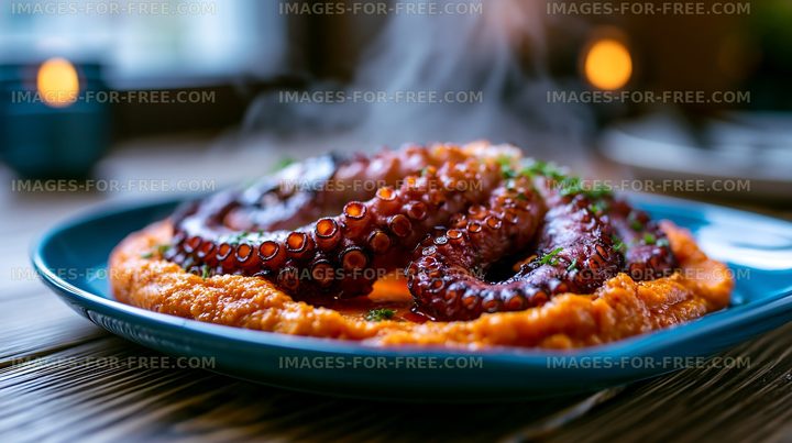 Octopus served on a bed of creamy sauce in a cozy restaurant