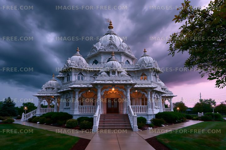 Cloudy sky over a white temple structure with detailed carvings