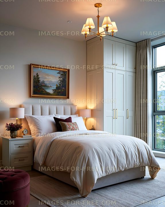 Cozy bedroom with a comfortable bed and warm lighting