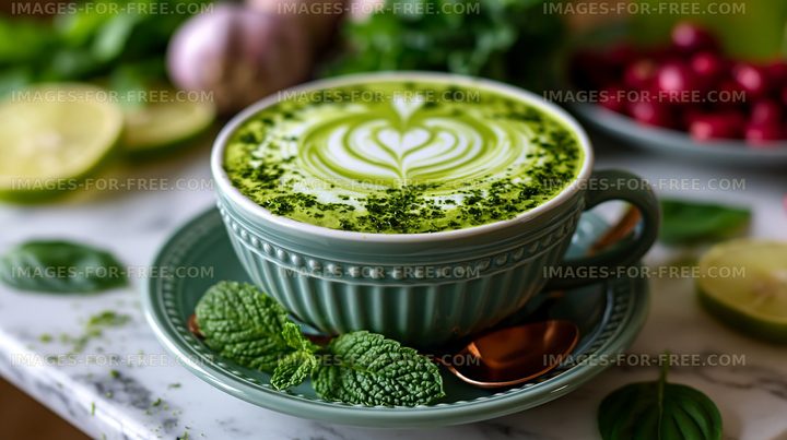Green tea latte with heart design and fresh ingredients on table
