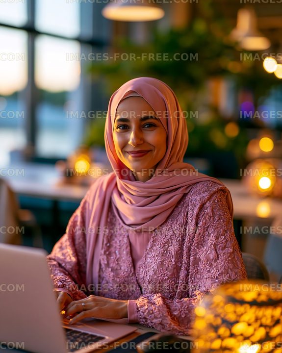 Woman working on a laptop in a cozy cafe during sunset