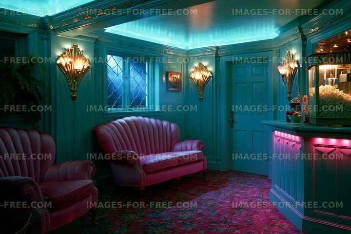 Vintage style lobby with soft pink furniture and blue lighting
