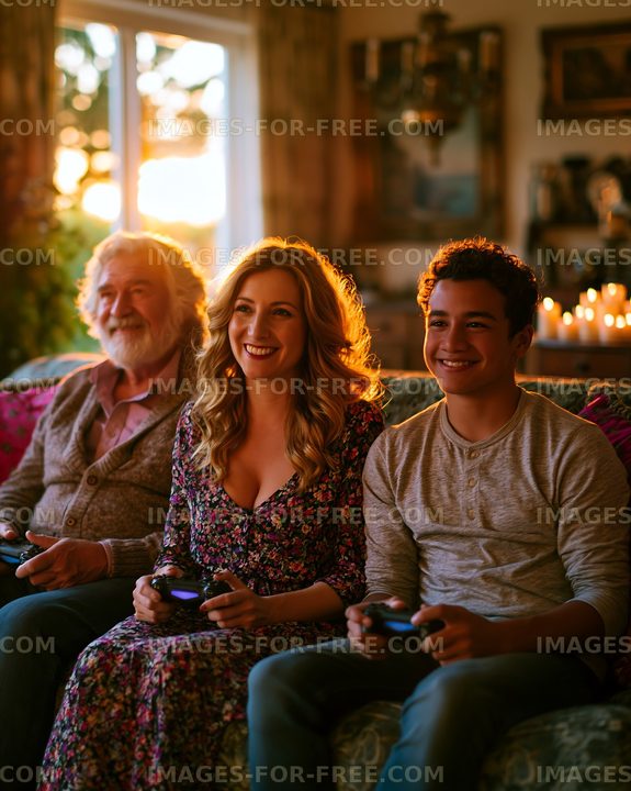 Family enjoying video games together in living room at sunset