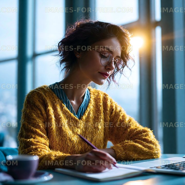 Woman writing in a notebook by a window during sunset
