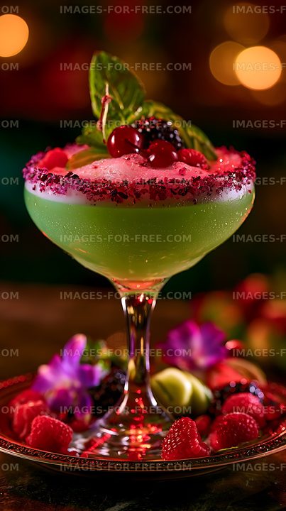 Colorful cocktail with fruit garnishes on a decorative plate