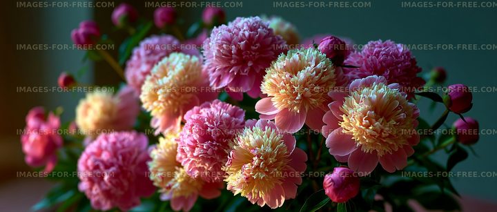 Colorful peonies in a vase on a wooden table