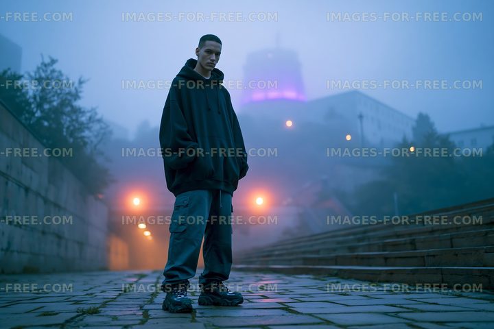 Person standing in fog on street at night with purple lights