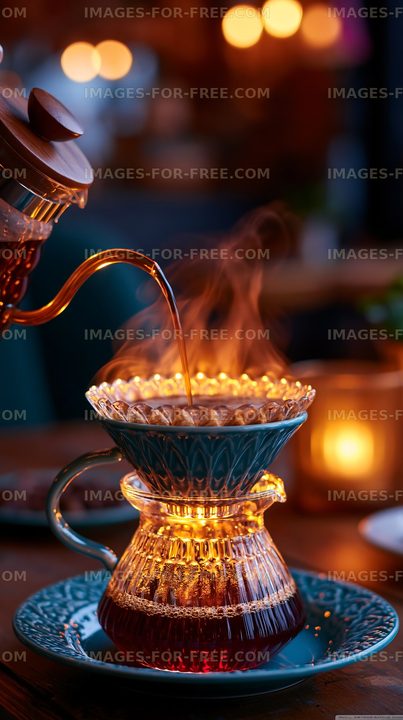 Hot coffee brewing in a pour-over setup with steam rising