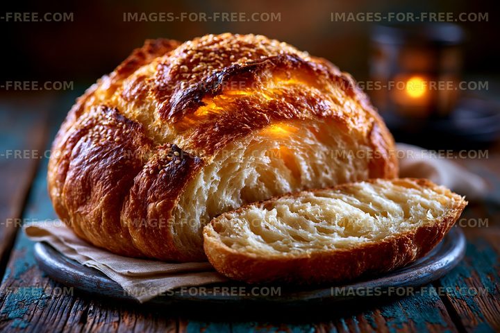 Freshly baked bread loaf on a wooden table with a candle