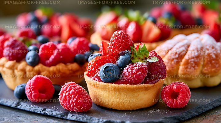 Fresh berry tart on a stone surface with other desserts present