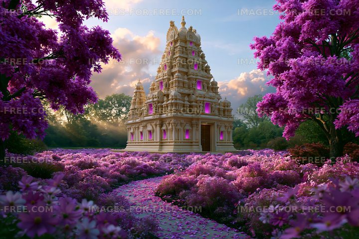 Beautiful temple surrounded by flowers in a vibrant landscape