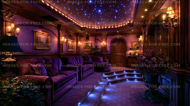 Cozy home theater with purple decor and starry ceiling