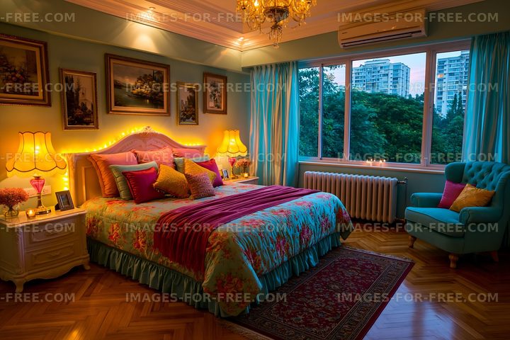 Cozy bedroom with colorful decor and large windows