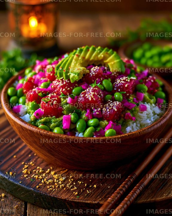 Colorful poke bowl with fresh ingredients in wooden bowl
