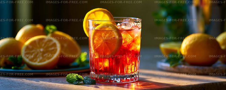 Refreshing citrus drink with lemon slices on a table