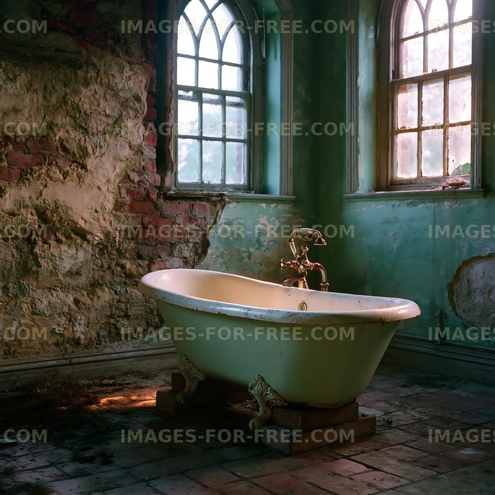 Old bathtub in a rustic room with peeling walls and light from windows