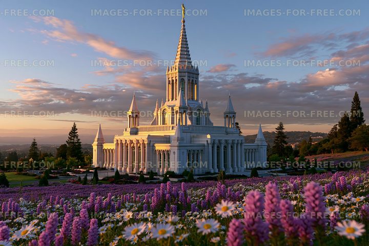 Beautiful white building surrounded by flowers at sunset