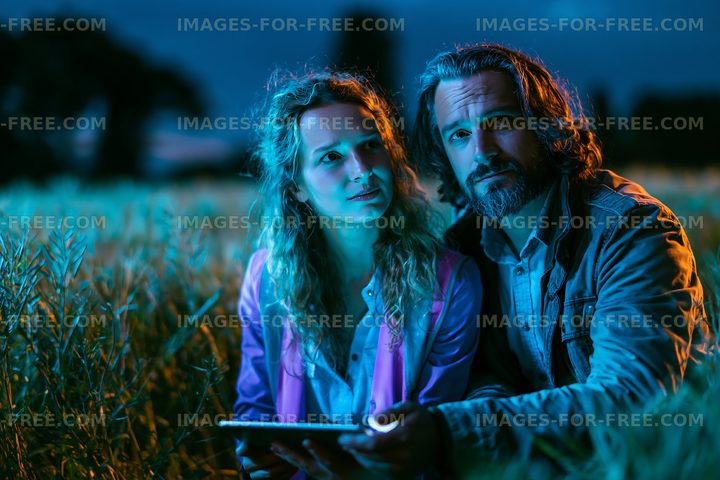 Couple sitting together in a field at dusk looking at a tablet
