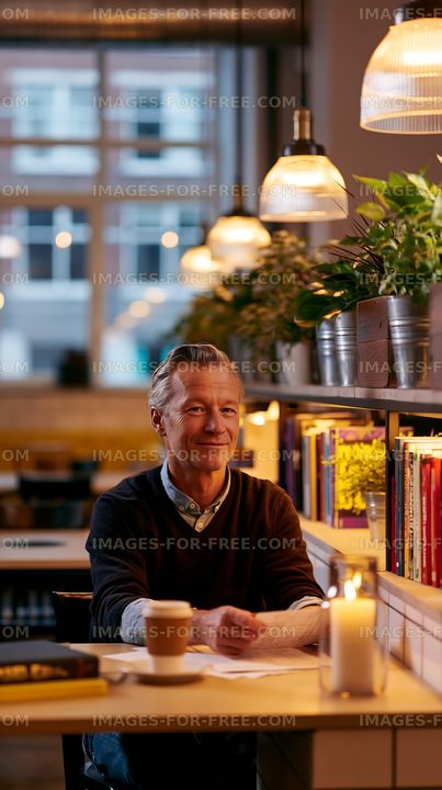 Man sitting at a table in a cafe with plants and books