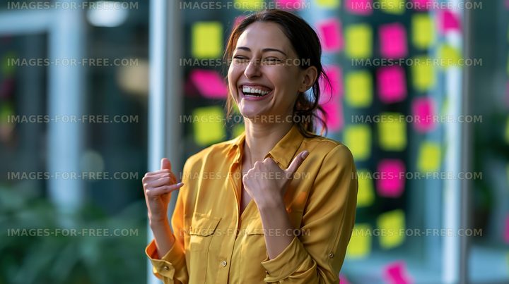 Woman smiling in an office with colorful sticky notes on the wall