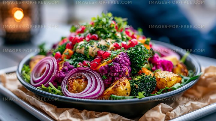 Colorful vegetable salad with fresh ingredients on rustic table