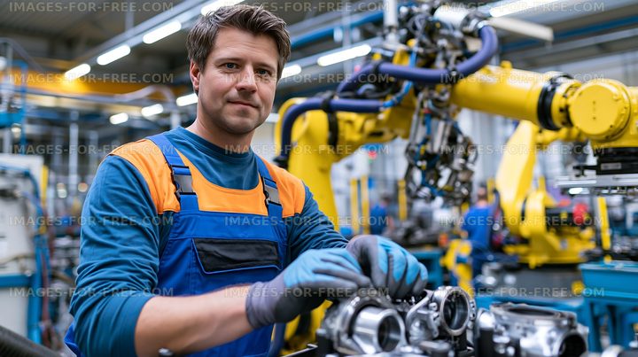Worker assembling machinery in a modern factory setting