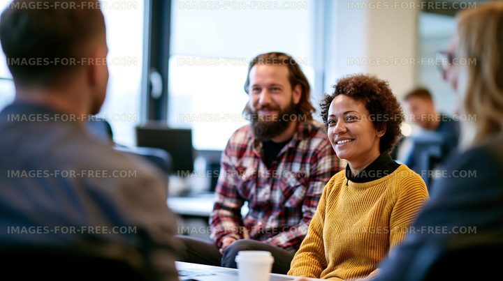 People engaging in discussion during a meeting in an office