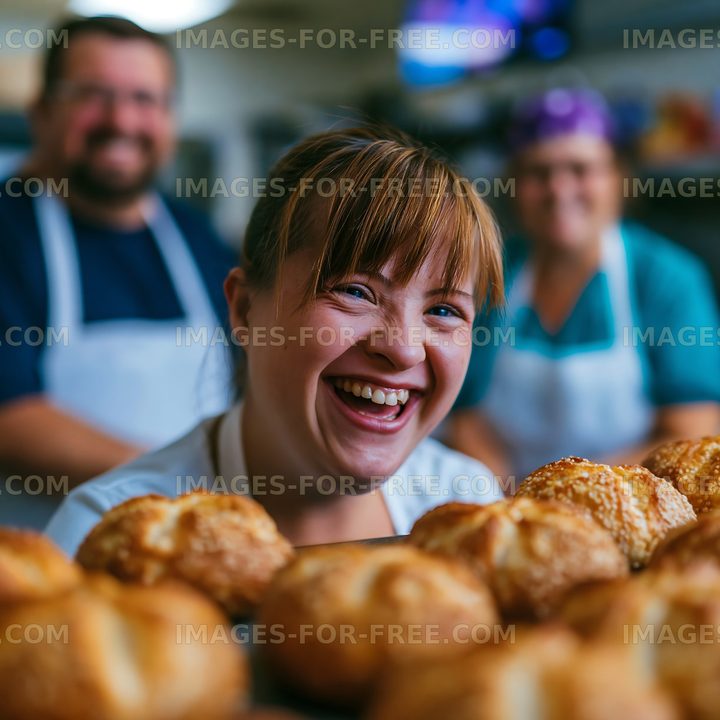 Bakery workers smiling and preparing bread products