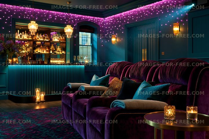 Luxury lounge with purple seating and bar area at night