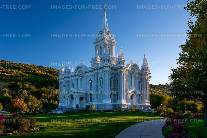 White church building surrounded by green grass and trees