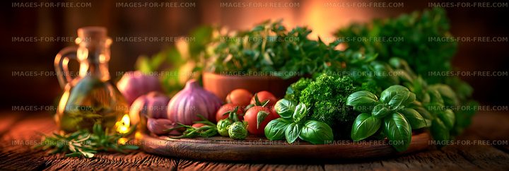 Fresh herbs and vegetables arranged on a wooden table