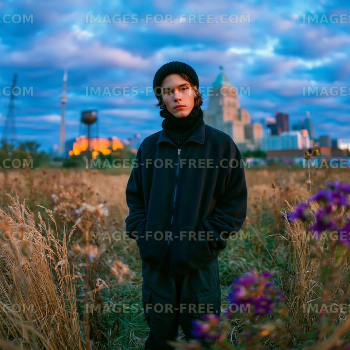 Young person standing in a field with a city skyline in the background