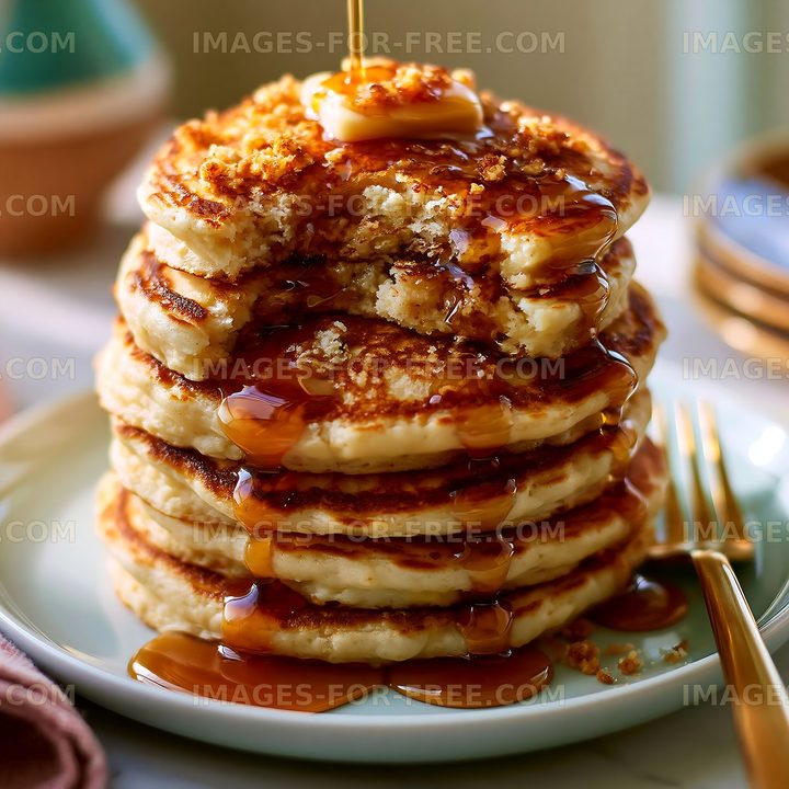 Stack of pancakes with syrup and butter on a white plate